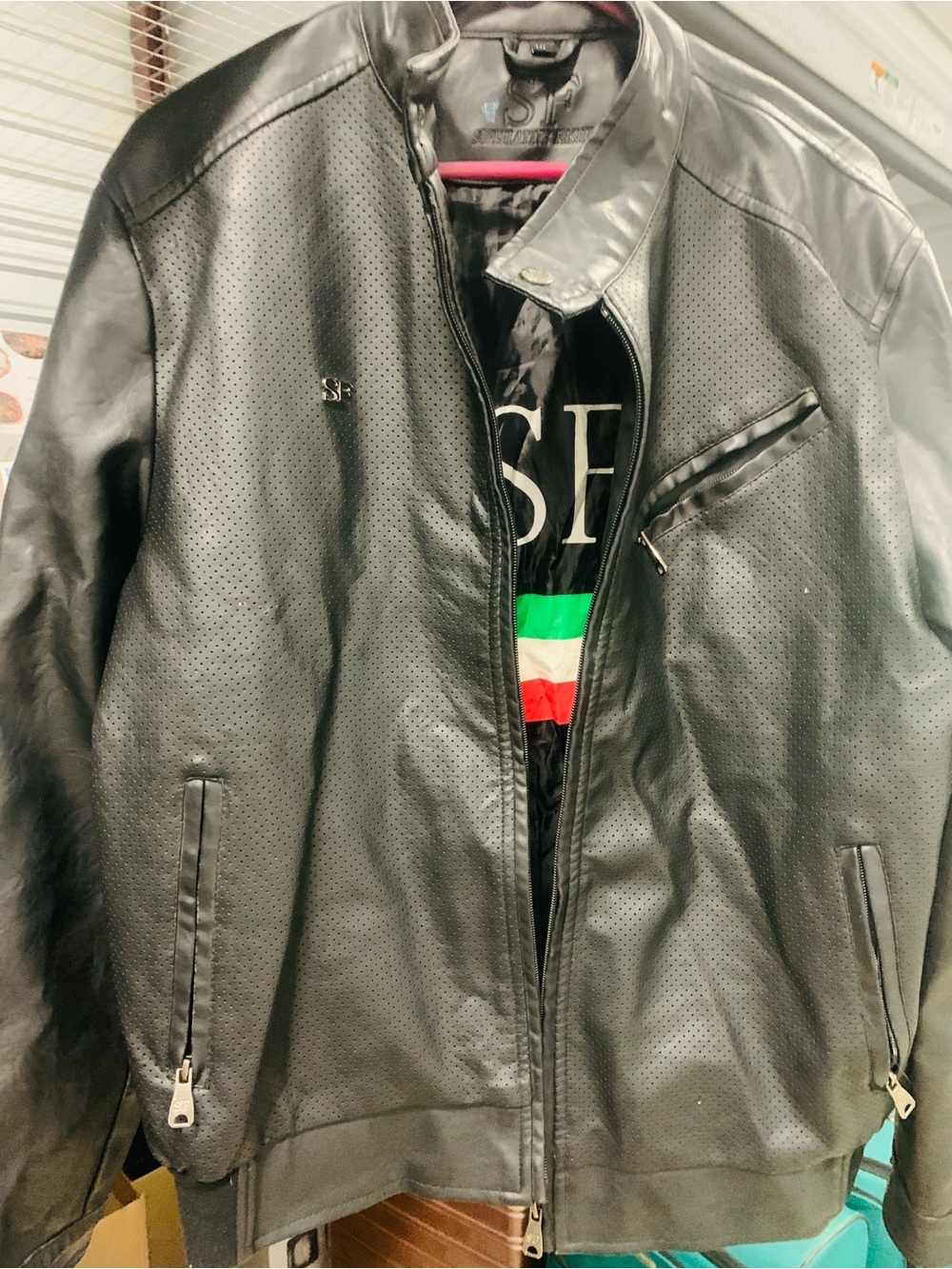 Men's Black Perforated Leather Bomber Jacket -